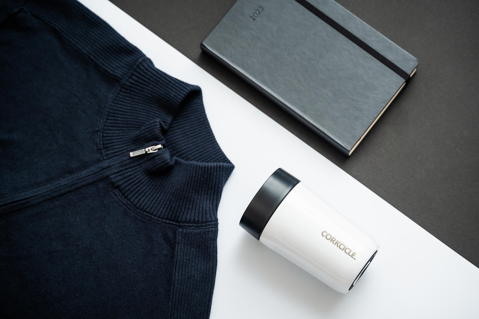Moleskine® Hard Cover 2023 Planner, Port Authority® Men’s ½ Zip Sweater and Corkcicle® Commuter 9 Oz Cup